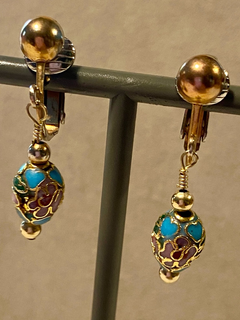 Gold-Tone CloisonnƩ Drop Earrings with Turquoise and Purple Accents